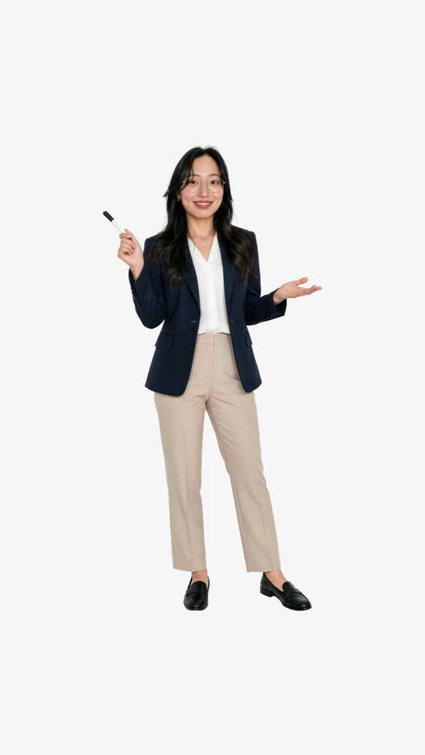 JiHee in a navy blazer, glasses, holding a marker