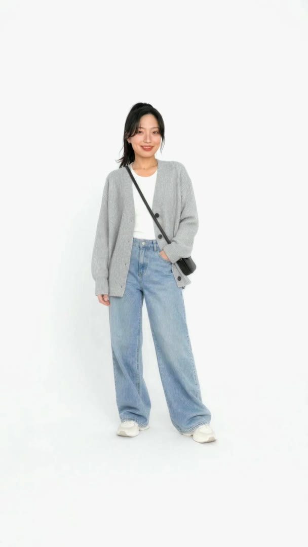 JiHee in a grey cardigan and jeans with a crossbody bag