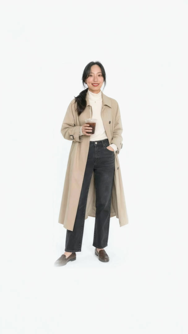 JiHee in a beige trench coat holding an iced coffee